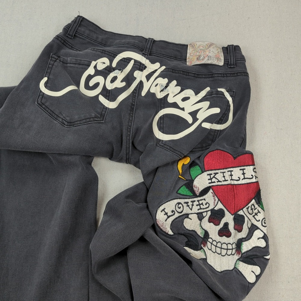 Ed Hardy Jeans Womens 28 Blak Wide Leg Love Kills Slowly Spellout Tattoo